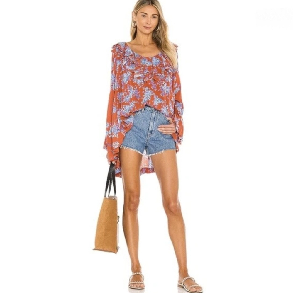Free People | Loretta Orange Tea Ruffle Floral Button Tunic Top Large Blue